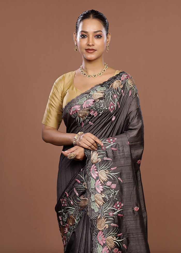 Black Tussar Silk Saree With Blouse Piece