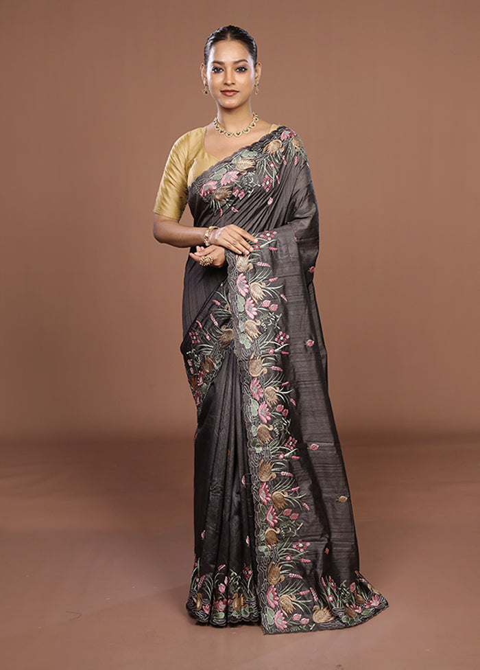 Black Tussar Silk Saree With Blouse Piece
