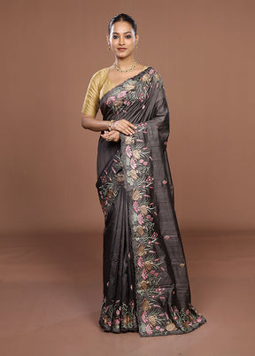 Black Tussar Silk Saree With Blouse Piece