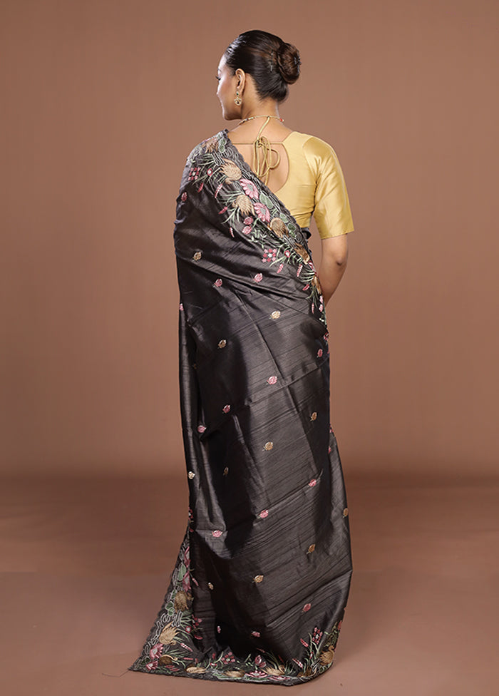 Black Tussar Silk Saree With Blouse Piece