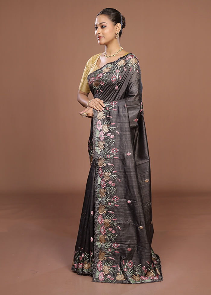 Black Tussar Silk Saree With Blouse Piece