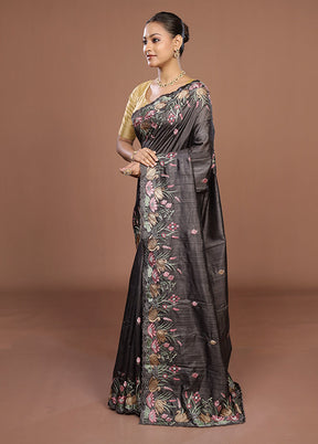 Black Tussar Silk Saree With Blouse Piece