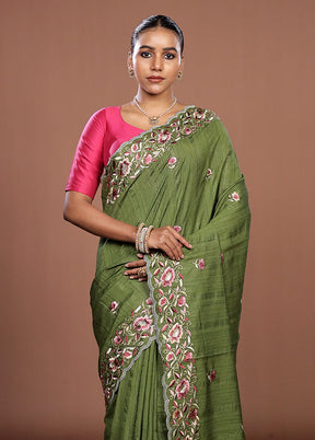 Green Tussar Silk Saree With Blouse Piece
