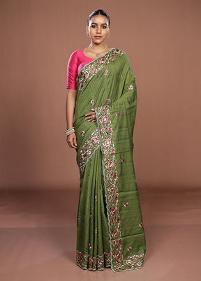 Green Tussar Silk Saree With Blouse Piece