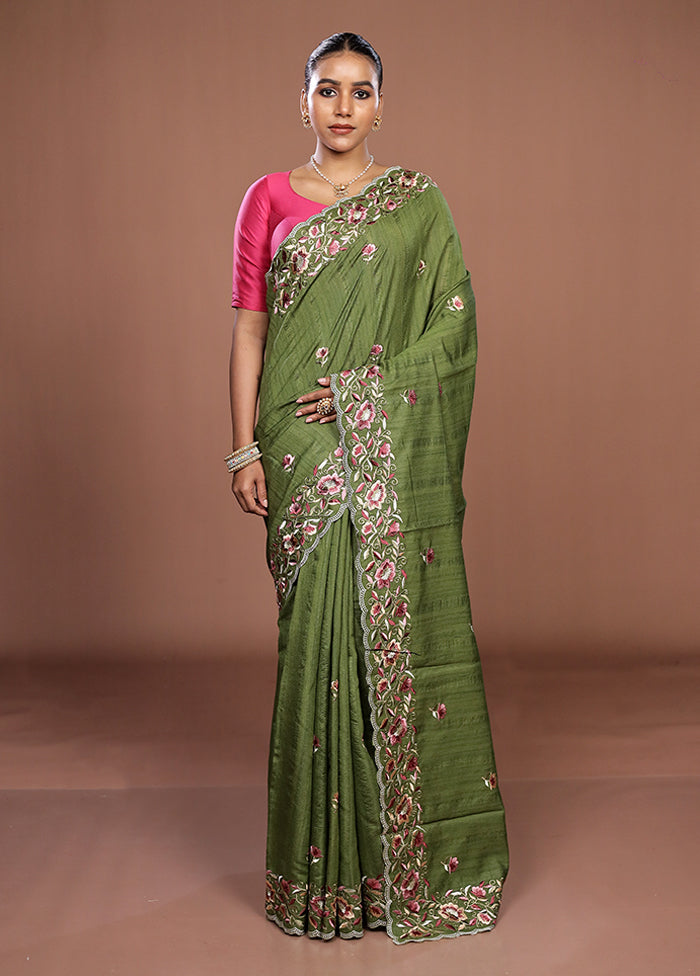 Green Tussar Silk Saree With Blouse Piece