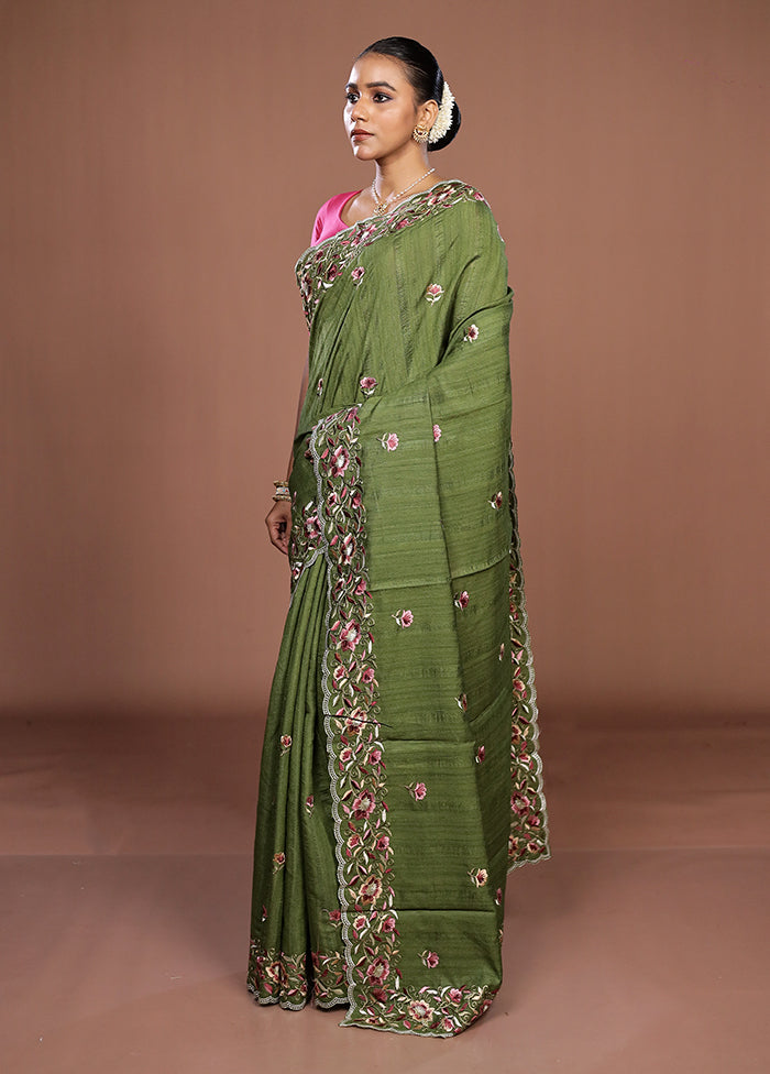 Green Tussar Silk Saree With Blouse Piece
