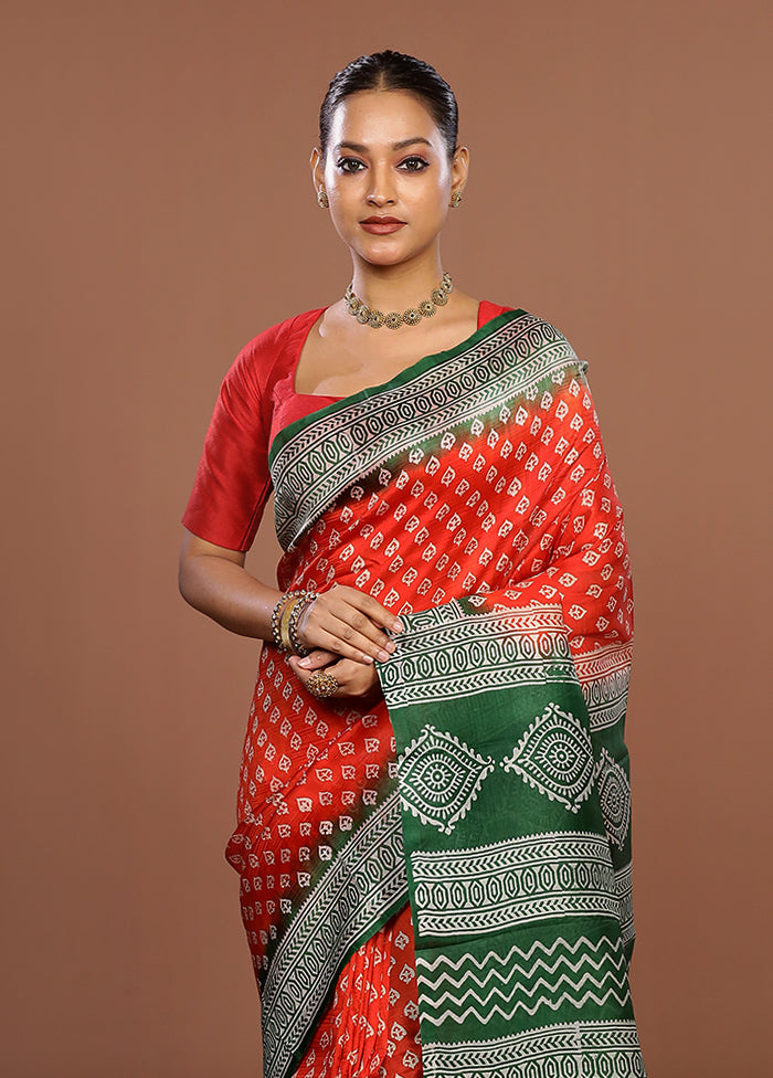Red Printed Pure Silk Saree Without Blouse Piece