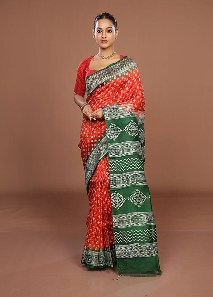 Red Printed Pure Silk Saree Without Blouse Piece