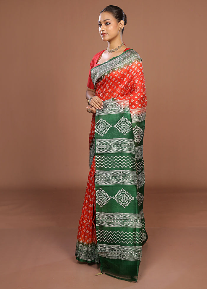 Red Printed Pure Silk Saree Without Blouse Piece