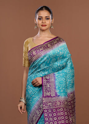Blue Printed Pure Silk Saree Without Blouse Piece