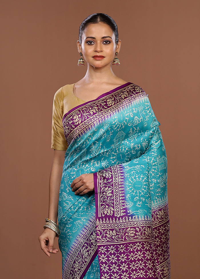 Blue Printed Pure Silk Saree Without Blouse Piece