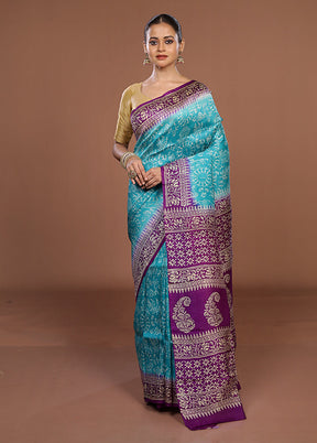 Blue Printed Pure Silk Saree Without Blouse Piece