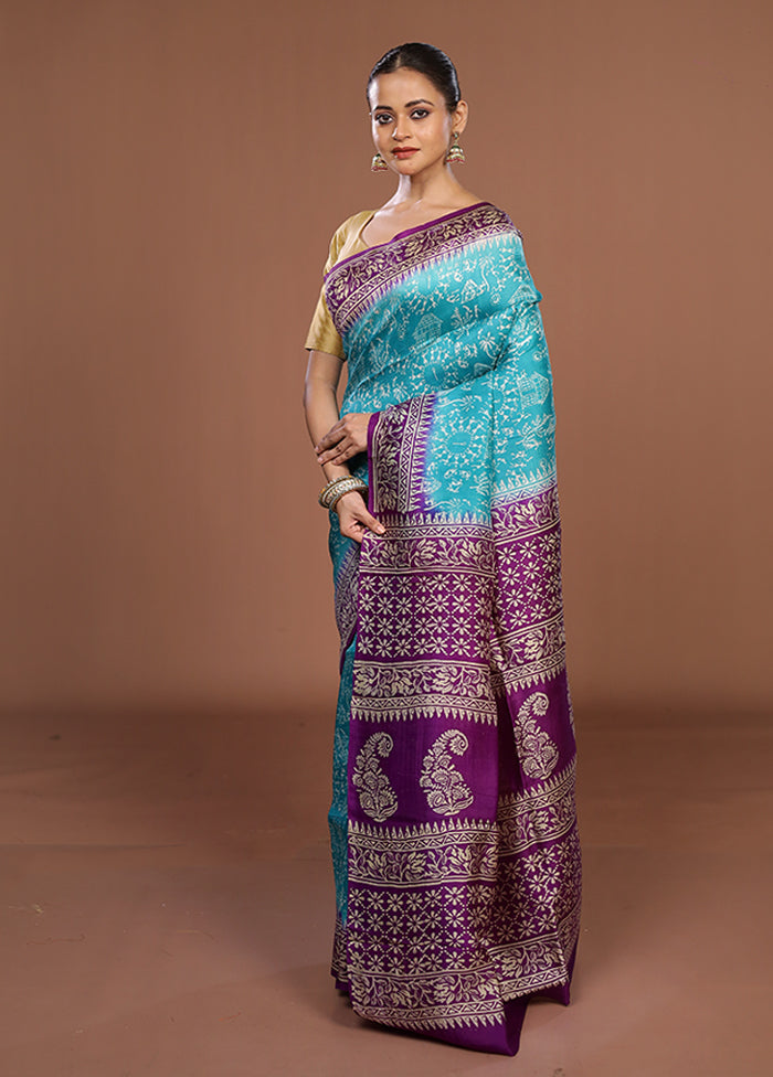 Blue Printed Pure Silk Saree Without Blouse Piece