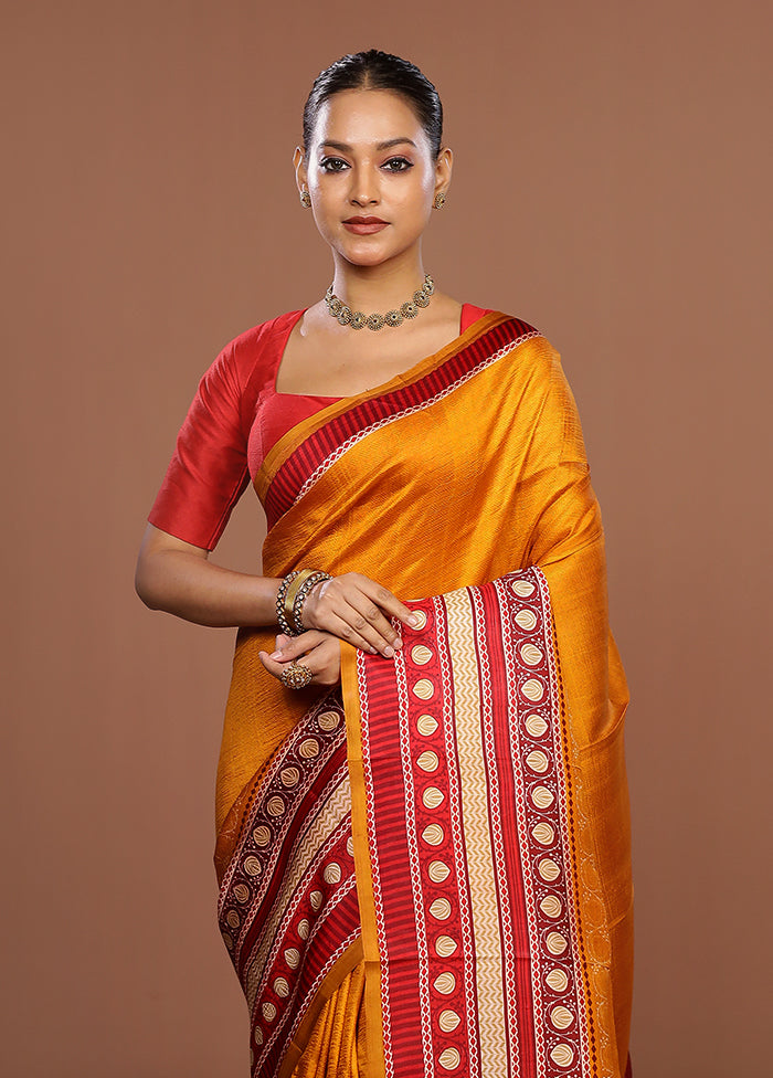 Yellow Printed Pure Silk Saree Without Blouse Piece