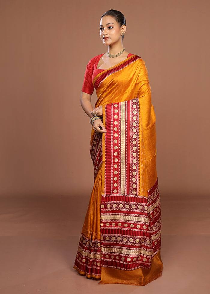 Yellow Printed Pure Silk Saree Without Blouse Piece