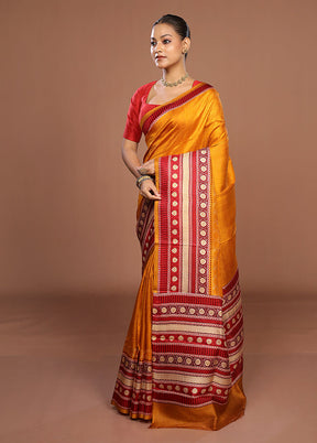 Yellow Printed Pure Silk Saree Without Blouse Piece