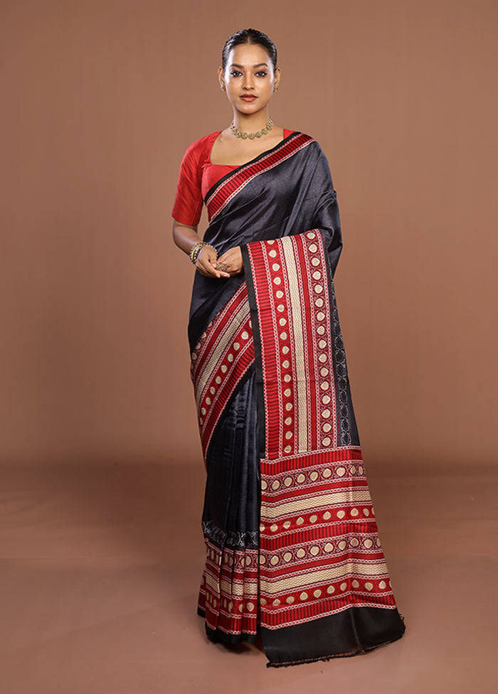 Black Printed Pure Silk Saree Without Blouse Piece