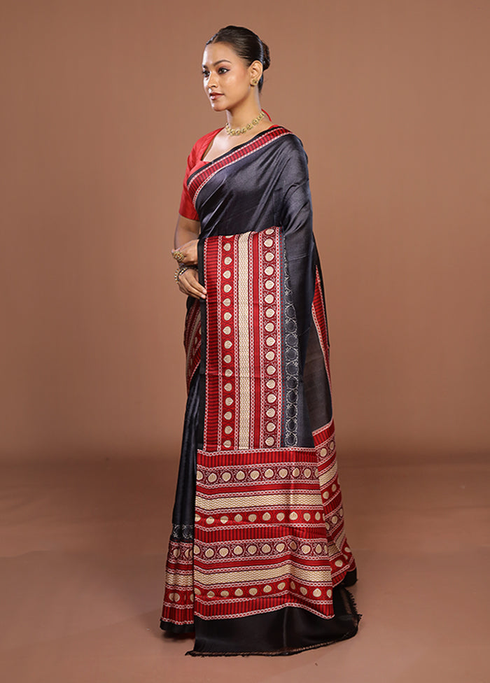 Black Printed Pure Silk Saree Without Blouse Piece