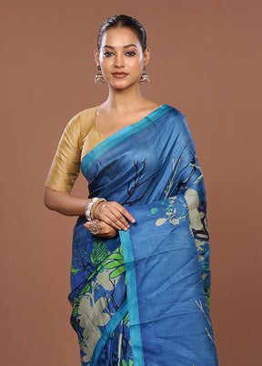 Blue Printed Pure Silk Saree Without Blouse Piece