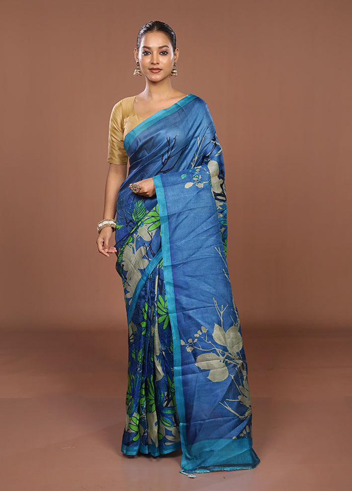 Blue Printed Pure Silk Saree Without Blouse Piece
