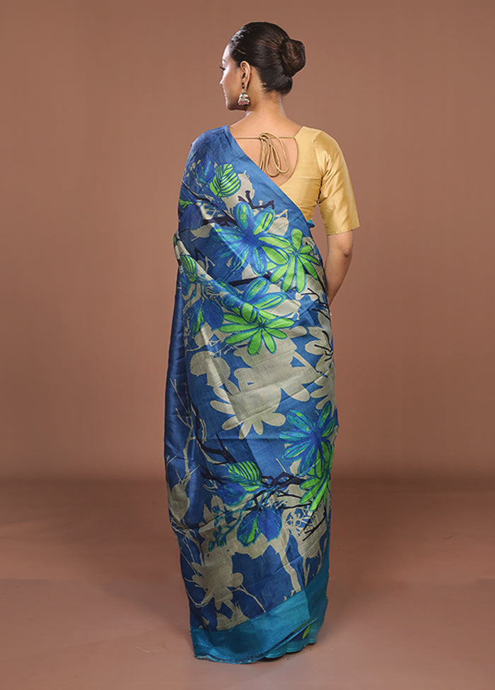 Blue Printed Pure Silk Saree Without Blouse Piece