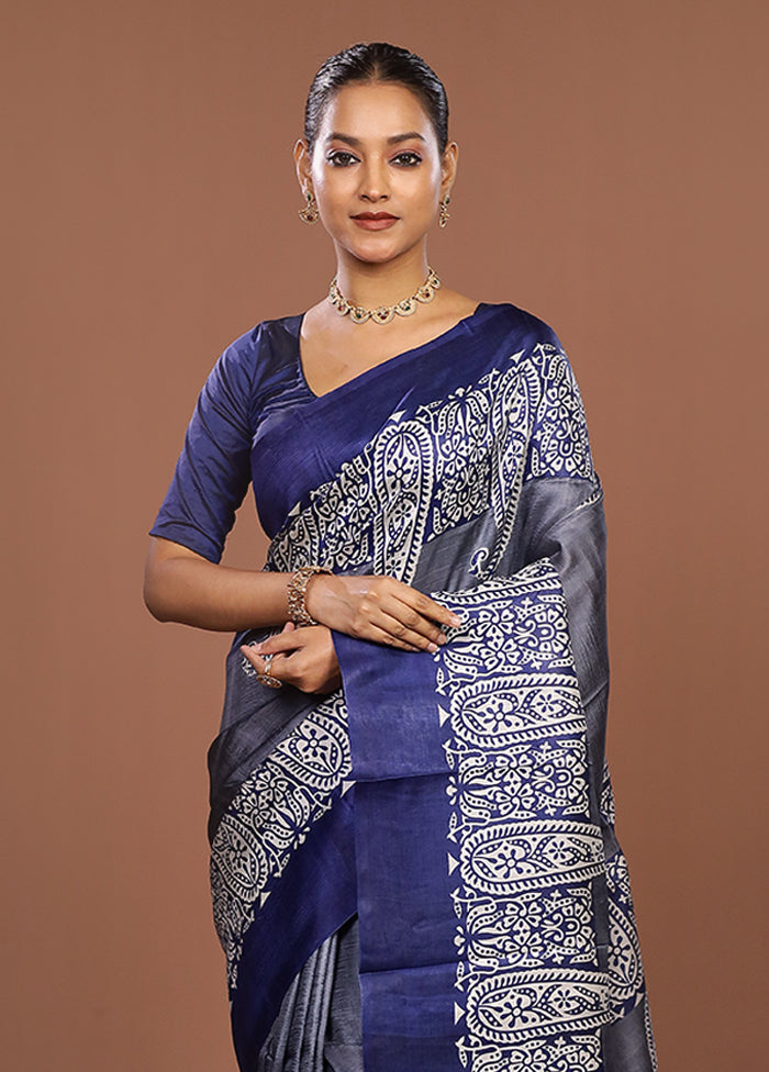 Blue Printed Pure Silk Saree Without Blouse Piece