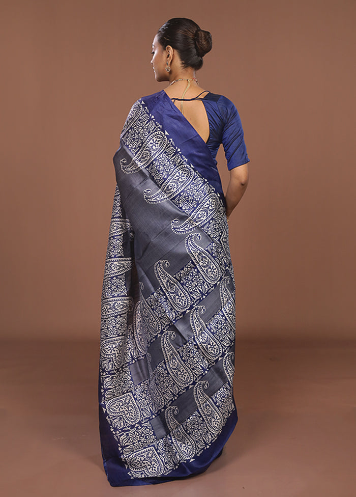 Blue Printed Pure Silk Saree Without Blouse Piece