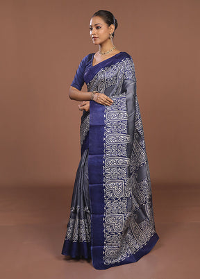 Blue Printed Pure Silk Saree Without Blouse Piece