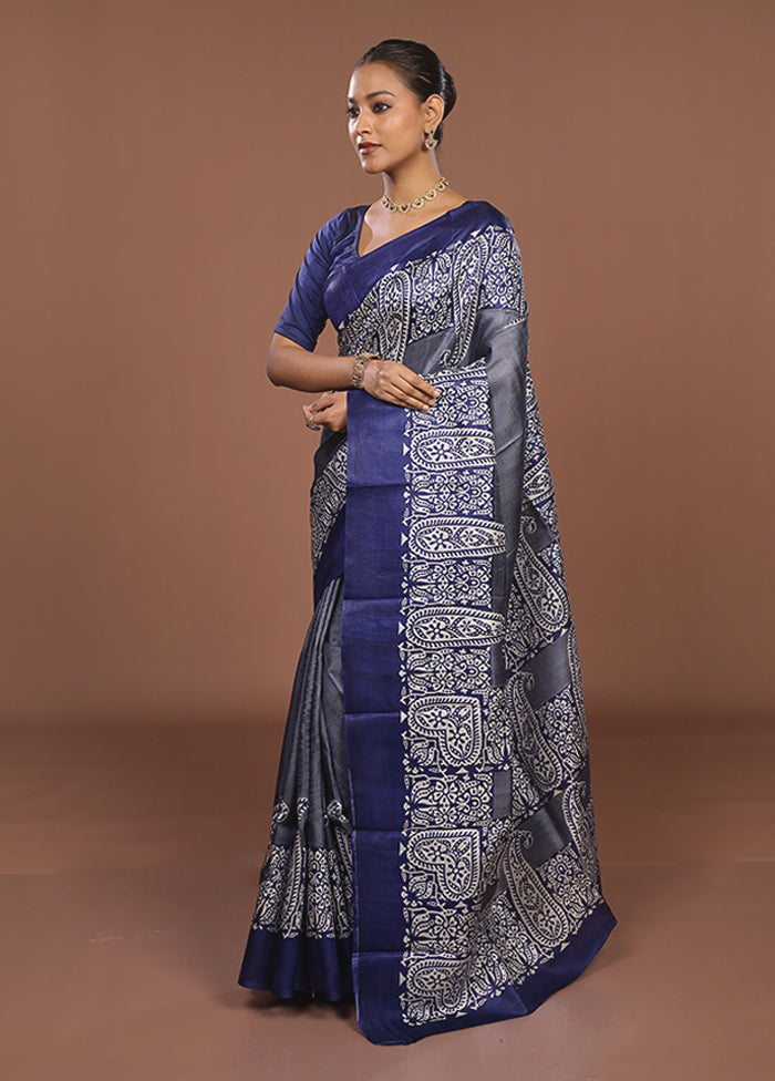 Blue Printed Pure Silk Saree Without Blouse Piece