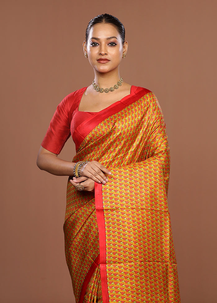 Yellow Printed Pure Silk Saree Without Blouse Piece