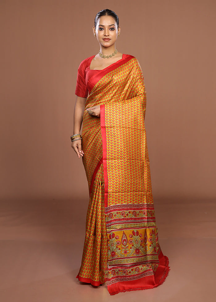Yellow Printed Pure Silk Saree Without Blouse Piece