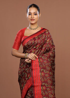 Maroon Printed Pure Silk Saree Without Blouse Piece