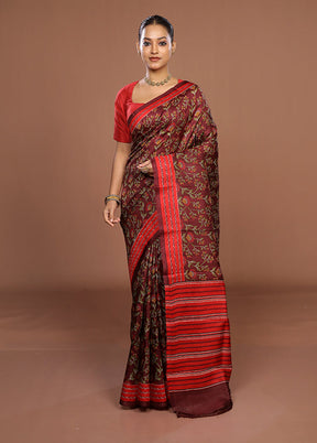 Maroon Printed Pure Silk Saree Without Blouse Piece