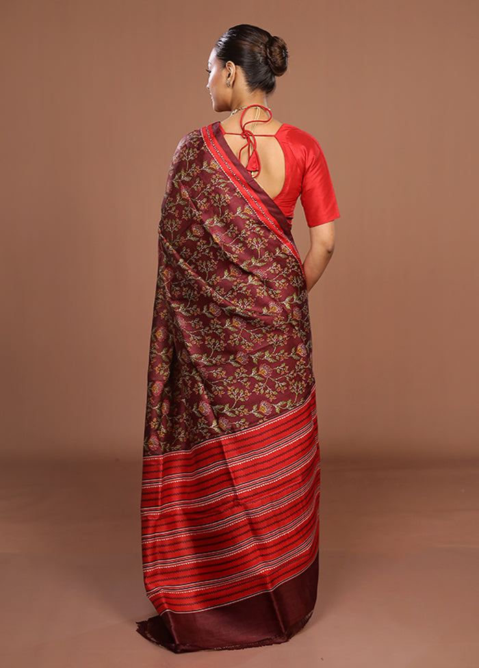 Maroon Printed Pure Silk Saree Without Blouse Piece