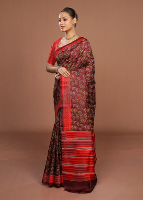 Maroon Printed Pure Silk Saree Without Blouse Piece