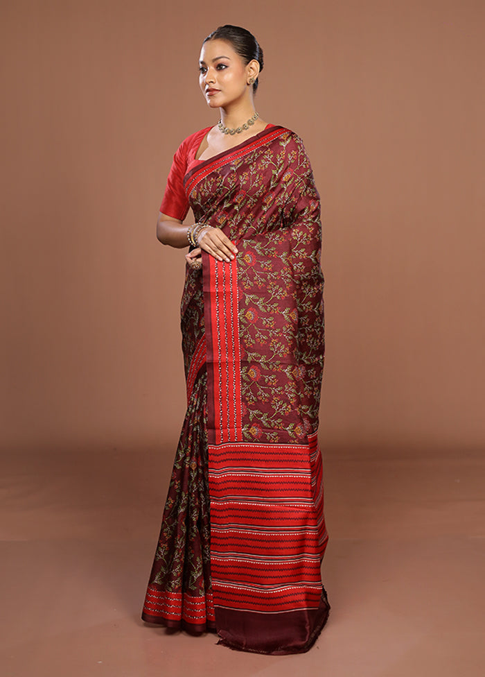 Maroon Printed Pure Silk Saree Without Blouse Piece