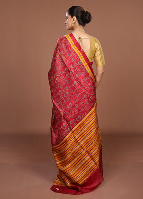 Red Printed Pure Silk Saree Without Blouse Piece