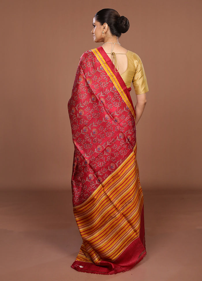 Red Printed Pure Silk Saree Without Blouse Piece
