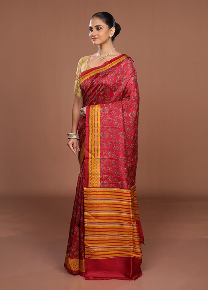 Red Printed Pure Silk Saree Without Blouse Piece