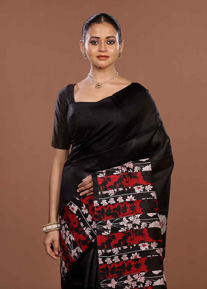 Black Printed Pure Silk Saree Without Blouse Piece
