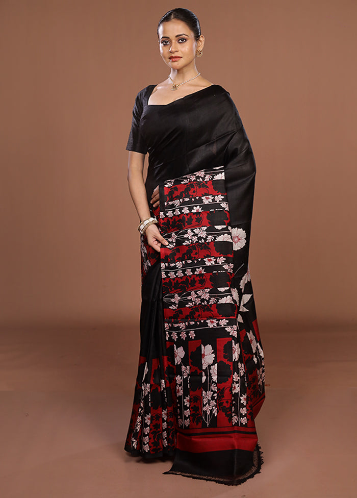 Black Printed Pure Silk Saree Without Blouse Piece