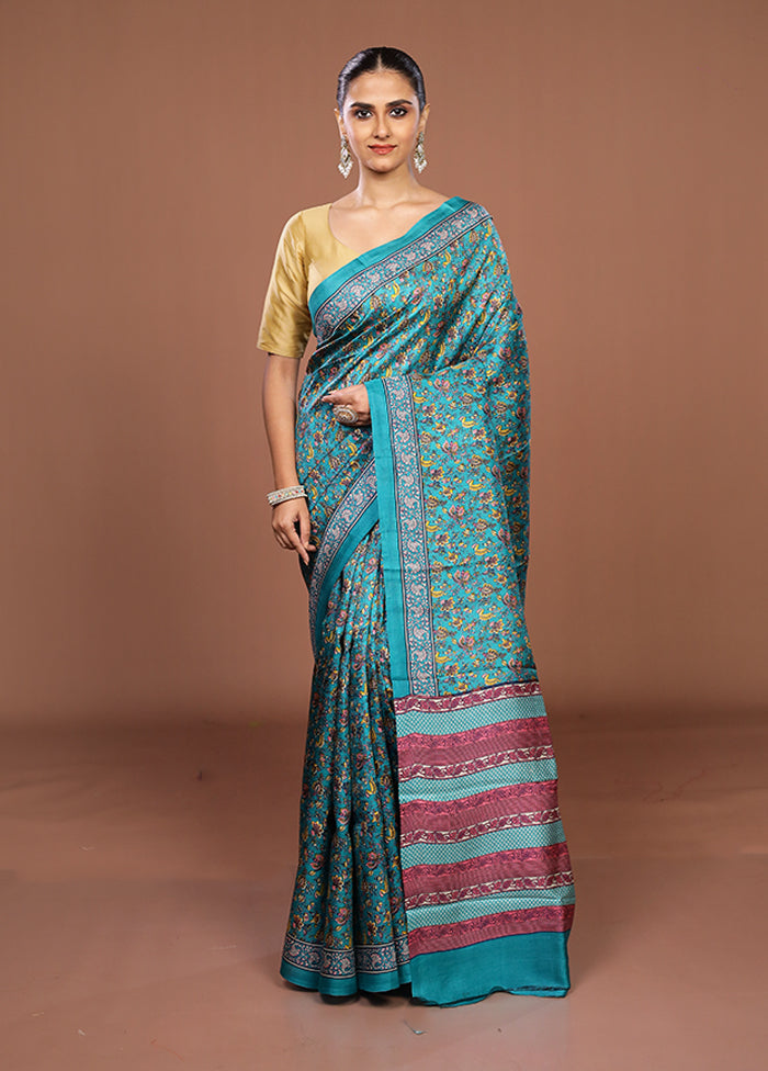 Green Printed Pure Silk Saree Without Blouse Piece