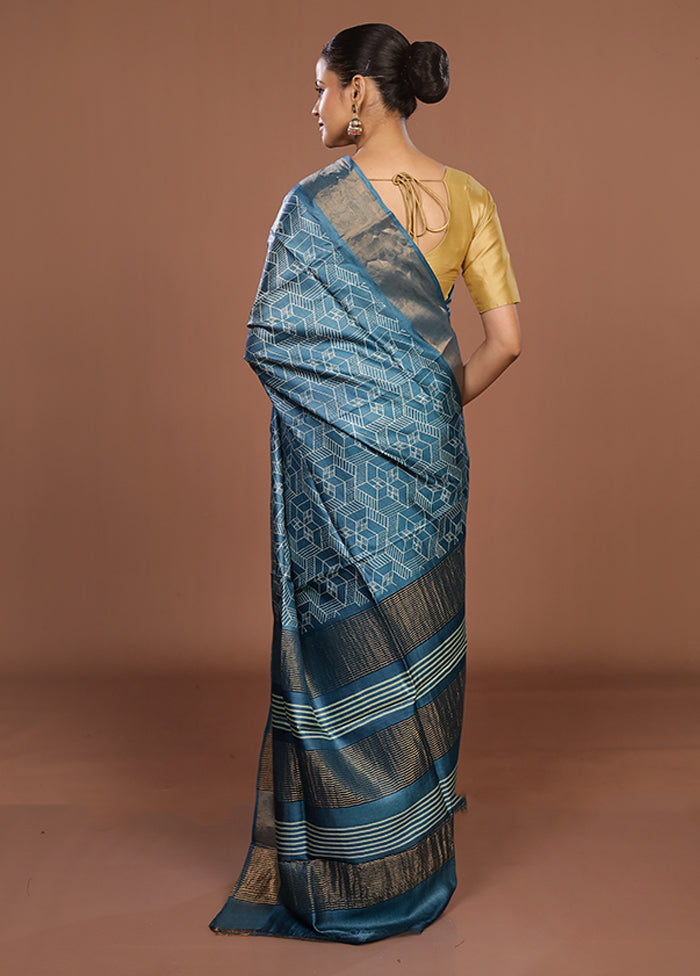 Blue Tussar Silk Saree With Blouse Piece