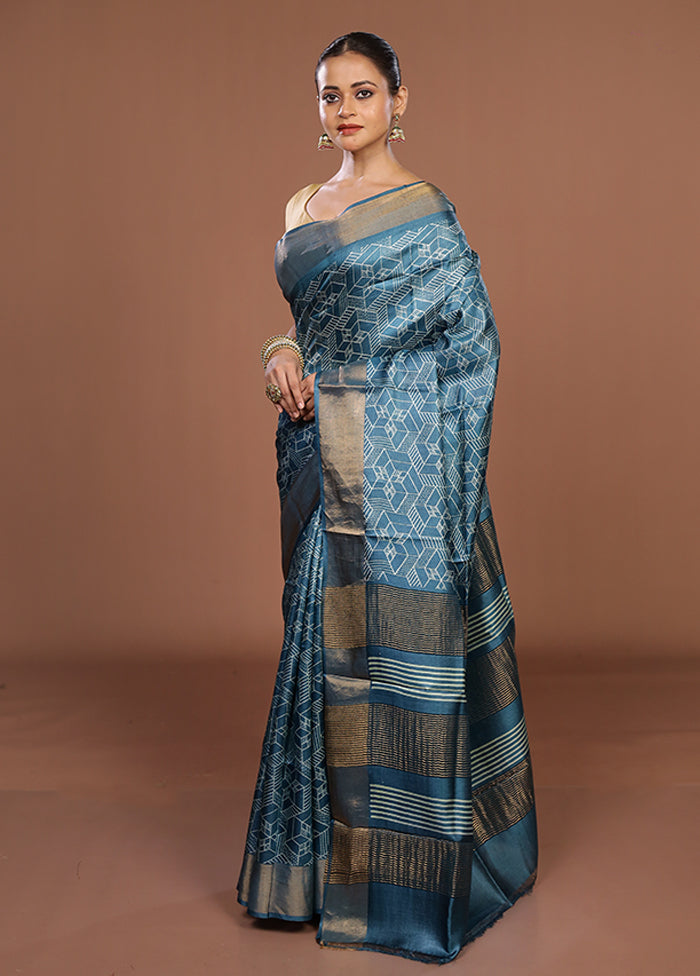 Blue Tussar Silk Saree With Blouse Piece