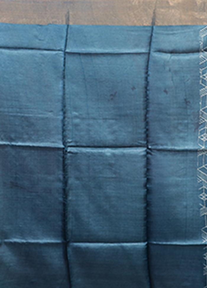 Blue Tussar Silk Saree With Blouse Piece