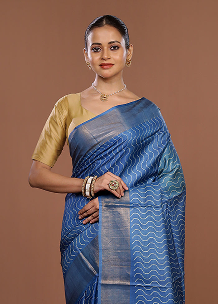 Blue Tussar Silk Saree With Blouse Piece