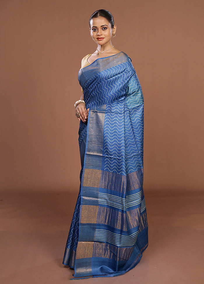 Blue Tussar Silk Saree With Blouse Piece