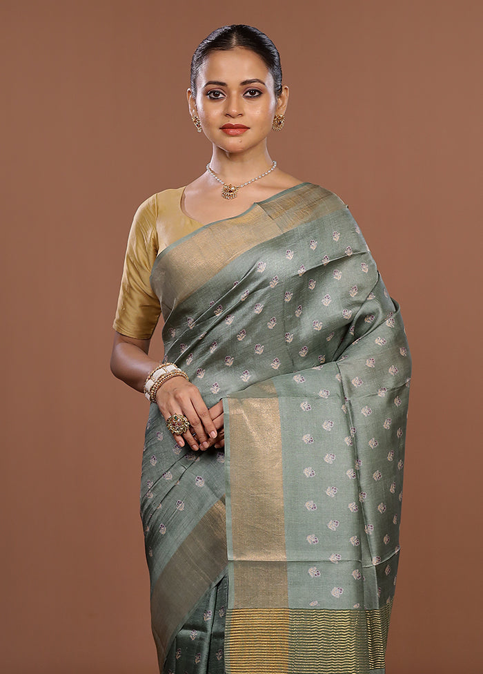 Green Tussar Silk Saree With Blouse Piece