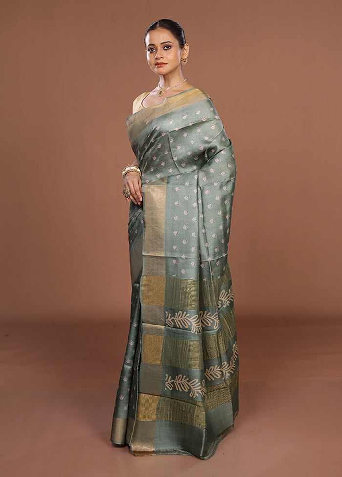 Green Tussar Silk Saree With Blouse Piece