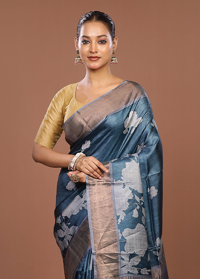 Blue Tussar Silk Saree With Blouse Piece